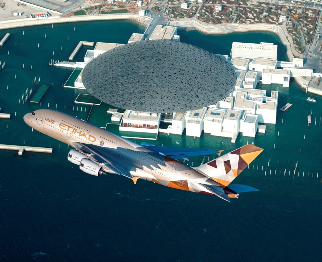 An Etihad-Airbus A380 flying over Abu Dhabi