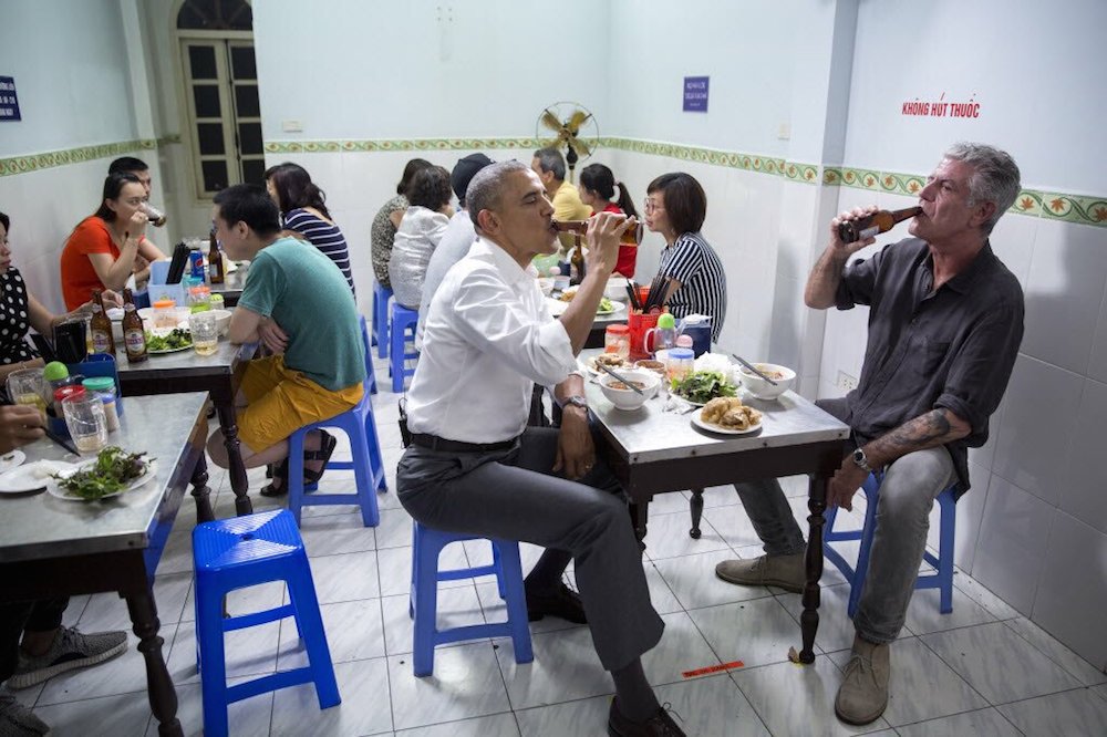Barach Obama and Anthony Bourdain in Hanoi, Vietnam