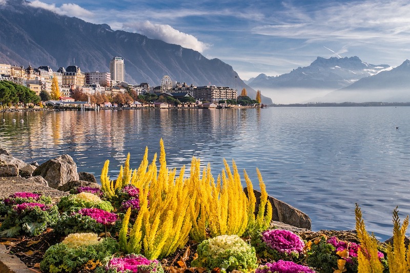 View of Lake Geneva in Montreux, Switzerland.