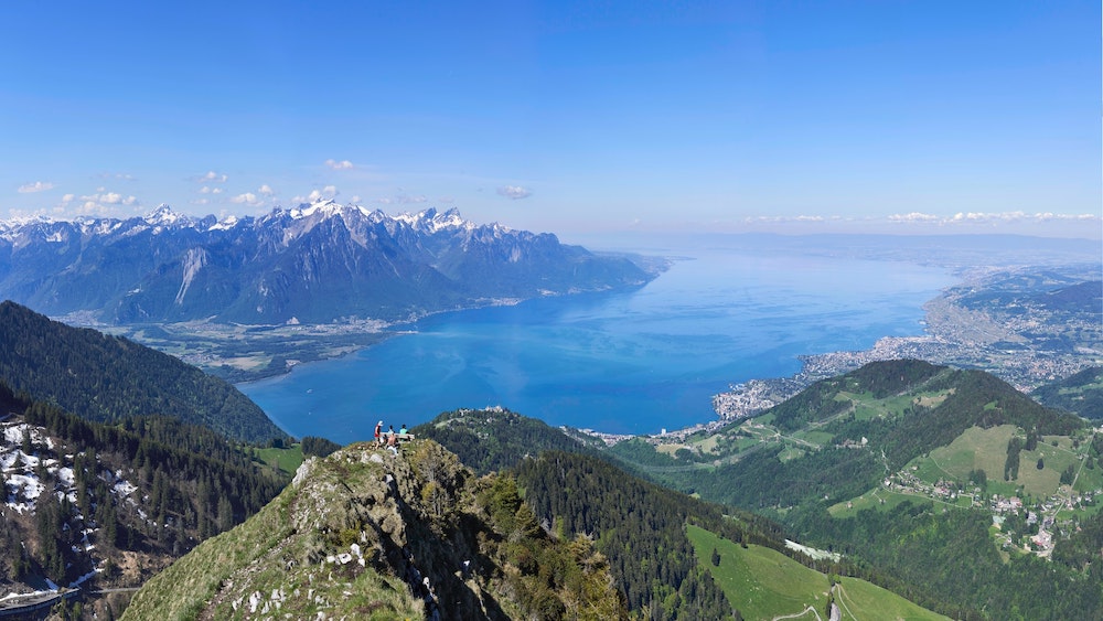 A view of Lake Geneva from the summit of Dent de Jaman above Montreux.